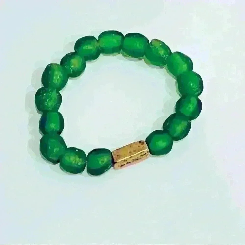Emerald Green Recycled African Glass Bracelet, With Antiqued Gold Spacer